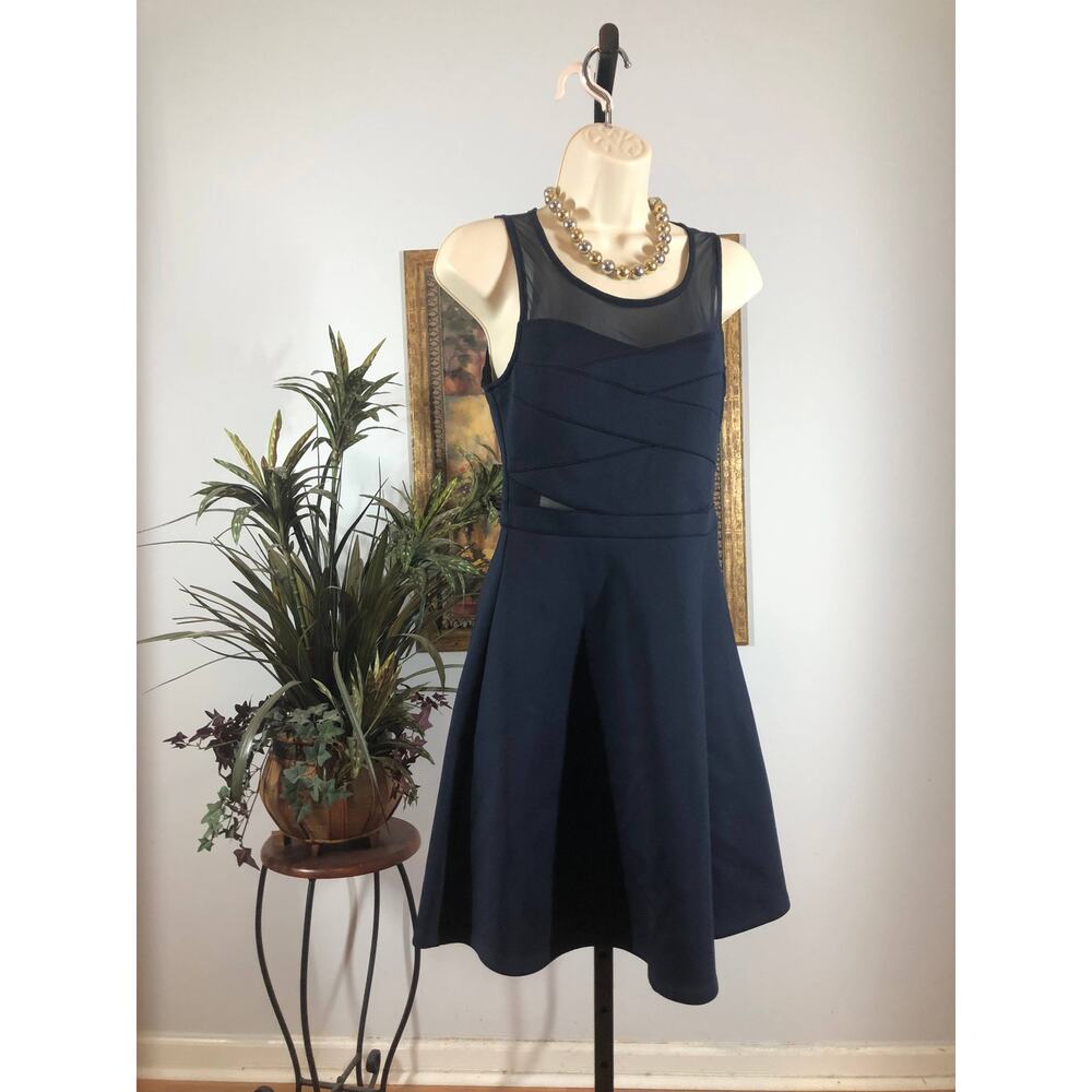 Party Dress Women Small Navy Fit and Flare Mesh Panel Sleeveless Formal